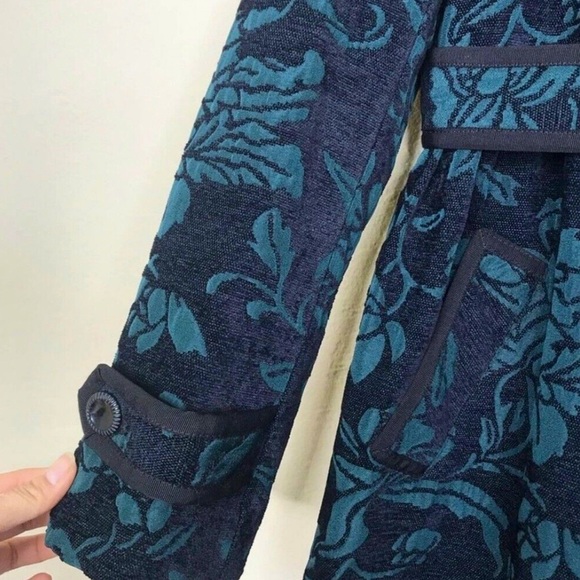 Anthropologie Elevenses Teal Floral Brocade Ruffled Victorian Velvet Peacoat 4 - Picture 4 of 9